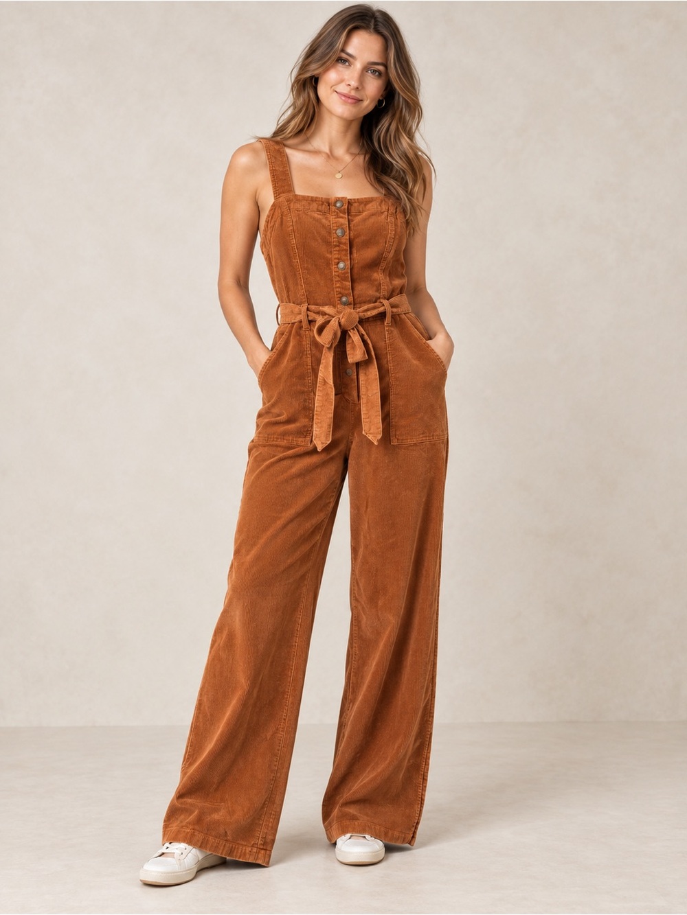 OAT New York Rust Corduroy Wide Leg Jumpsuit Belted Size 4